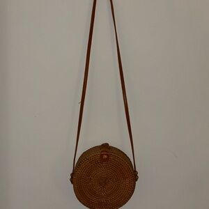 Round Woven Tan Crossbody Bag